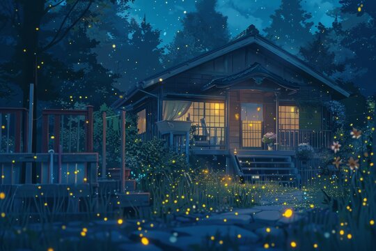 chasing fireflies in the backyard, cozy vibe, Generative AI