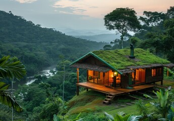 A cozy, off-grid hut with a green roof, blending seamlessly into the Amazon rainforest
