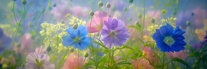 Outdoor flowers and plants, including wild varieties, against a floral background with a blue sky backdrop, ideal for nature-themed wallpapers featuring wild flora