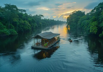 Fototapeta premium A floating eco lodge on a serene river in the Amazon, surrounded by dense tropical vegetation