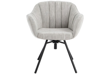 Modern gray upholstered chair with black metal legs. Stylish and comfortable seating ideal for home or office decor.