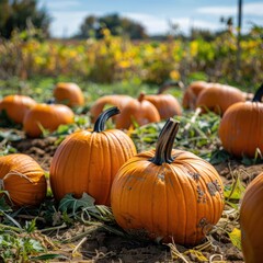 a pumpkin patch with a variety of pumpkins in different shapes and sizes By Generated AI
