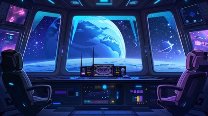 cockpit of airplane with control panel in space concept illustration 