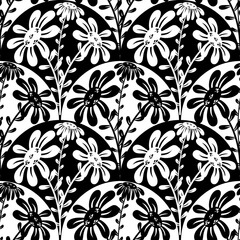 Black and white flowers with wave background seamless pattern 