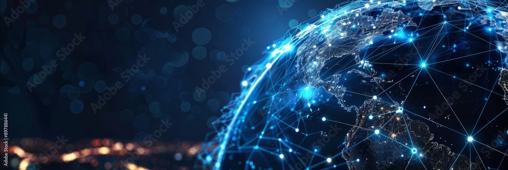 Poster global economic network. a digital globe interconnected with network lines represents a complex glob