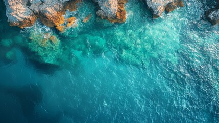 Obraz premium Aerial view of rocky coastline with clear turquoise ocean water, nature concept