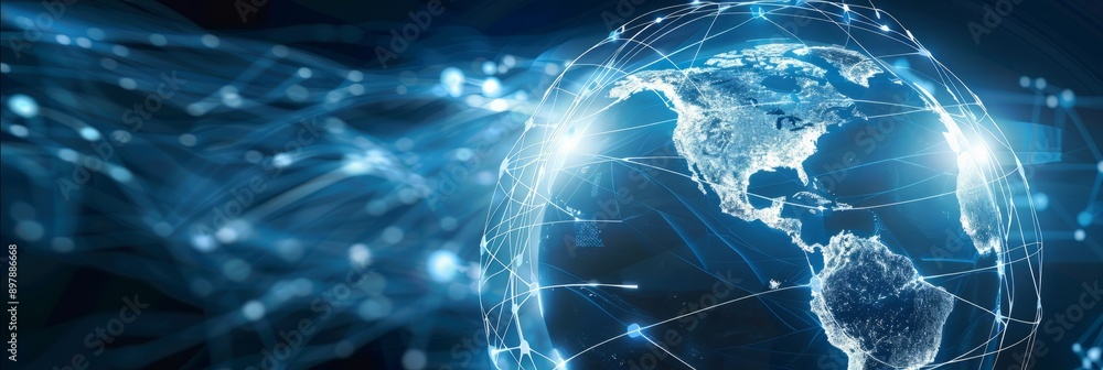 Poster global economic network. a digital globe interconnected with network lines represents a complex glob