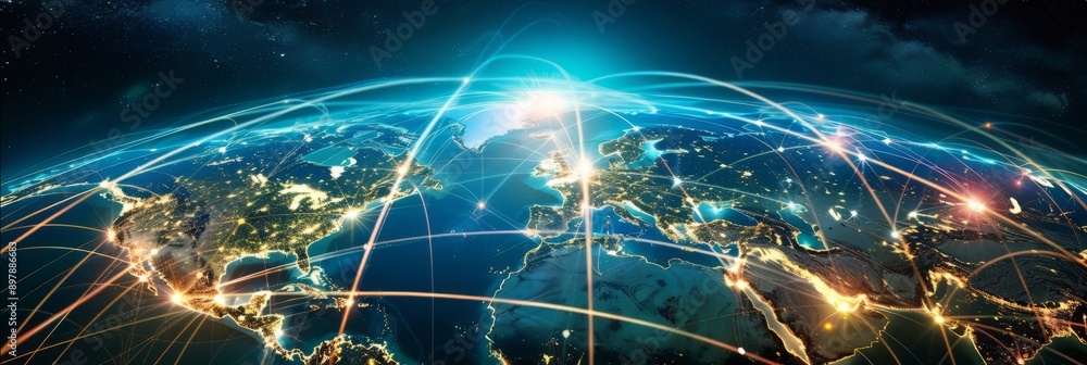 Poster global economic network. a digital globe interconnected with network lines represents a complex glob