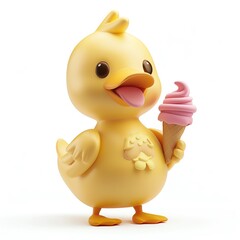 Adorable 3D yellow duck character with ice cream on white background, cartoon style, bright colors, standing pose, high-resolution, smiling face