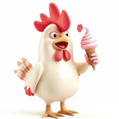 Charming 3D chicken clipart holding ice cream, isolated white backdrop, bright and colorful, cartoon style, friendly face, detailed features, centered