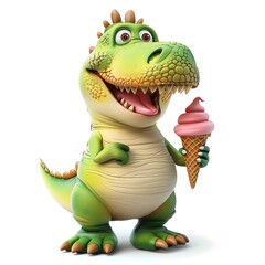Fototapeta premium Playful 3D dinosaur holding ice cream clipart, white background, bright hues, animated style, detailed texture, happy face, digital illustration, centered
