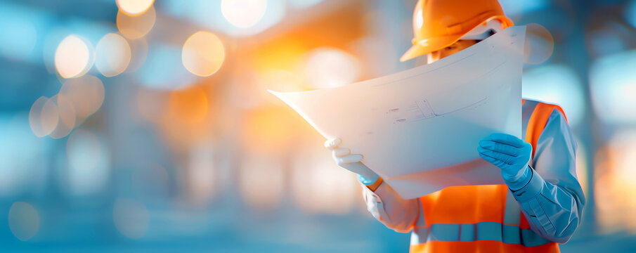 Construction worker examining blueprints at a building site, showcasing professionalism and focus on safe practices.