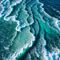 Fototapeta premium Aerial view beautiful of sea waves from drone. Stock image of blue color of ocean water, sea surface. Top view on turquoise waves, clear water surface texture.