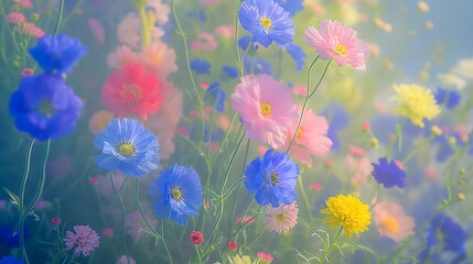 Outdoor flowers and plants, including wild varieties, against a floral background with a blue sky backdrop, ideal for nature-themed wallpapers featuring wild flora