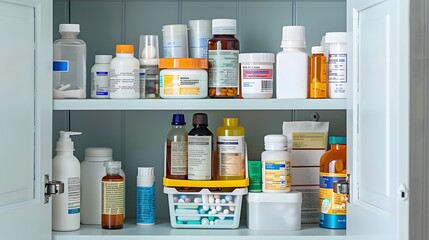 Medicine Cabinet Filled with Various Medications and Supplements