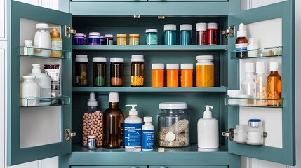 Open Medicine Cabinet with Various Bottles and Jars