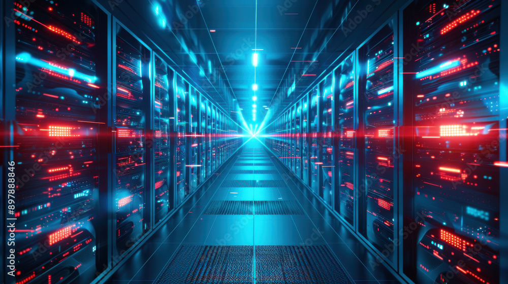 Aufkleber a futuristic data center with glowing servers and bright lights, showcasing advanced technology and 
