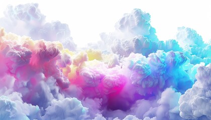 Fototapeta premium Vibrant 3D Abstract Fantasy Sky: Colorful Neon Clouds Isolated on White Background. Surreal Weather Phenomenon Rendered in Photorealistic Detail. Dreamlike AI-Generated 4K Wallpaper Showcasing Imagina