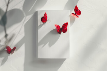 book mockup with red butterflies on white background for creative branding