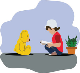 image of a boy reading a book to his doll. solitude