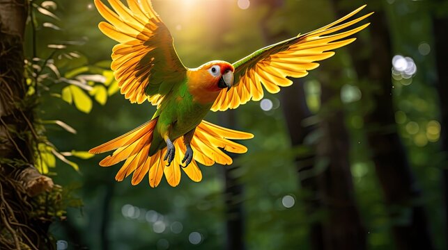 soaring sun conure flying