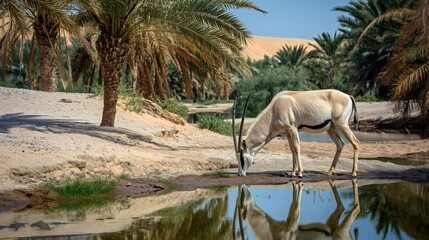 arabian oryx grazing near a small oasis in the desert