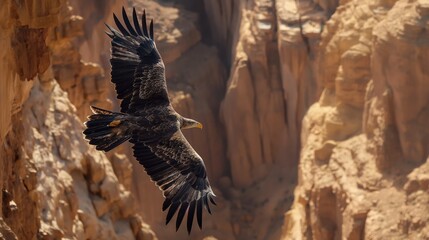 majestic eagle soaring high above a desert canyon with the rugged cliffs
