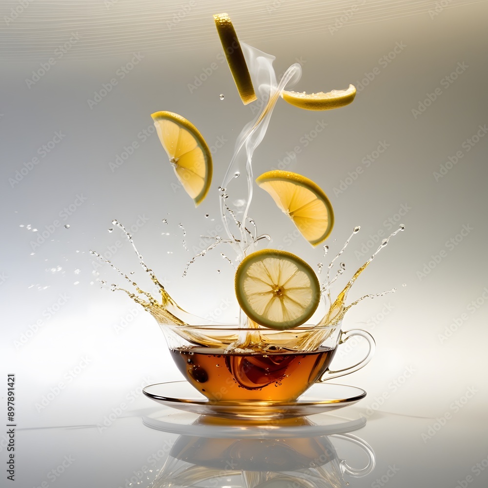 Poster tea splash with lemon and ice in a cup on a white background generated by ai