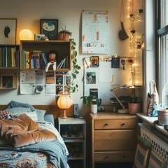 Fototapeta premium Essential Dorm Room Essentials: Top 5 Must-Have Items for College Students. Back-to-School Shopping Guide Featuring Stylish and Practical Necessities for Campus Living. AI-Generated 4K Wallpaper Showc