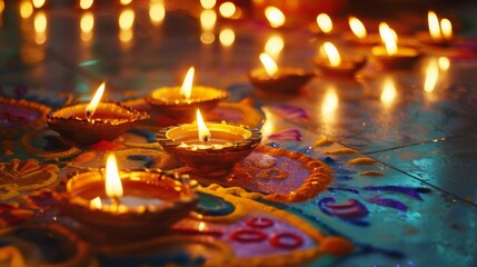 A close-up view of lit oil lamps, known as diyas, arranged in a decorative pattern on a floor adorned with colorful rangoli during a Diwali celebration