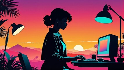 silhouette of a woman working on a laptop