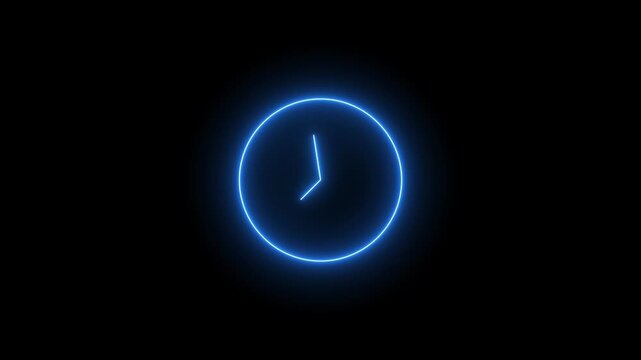 clock icon neon glowing royal blue color animation. black background 24 hour fast  digital clock.
