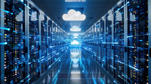 Modern data center with cloud computing technology, highlighting server racks and digital data streams.