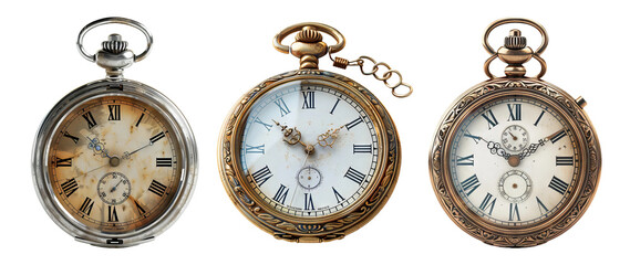 Vintage pocket watches isolated on transparent background