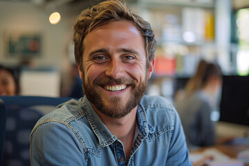 Fototapeta premium Happy employee smiling at desk in office