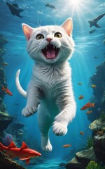 A white cat swimming in ocean