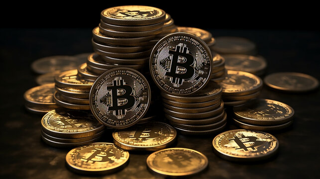 A pile of bitcoin coins in a front view, photography.
