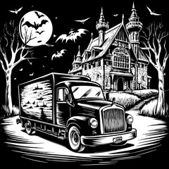 truck on the street ,architecture, building, church,