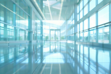 Obraz premium Blurred background of a sunny hospital lobby with large windows. Generative AI