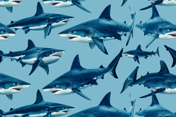 Vibrant and playful pattern with a variety of colorful sharks gracefully swimming in a serene underwater ocean setting. Perfect for adding a fun and quirky touch to any project.