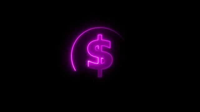 Doller icon neon glowing magenta color animation and magenta circle on black background.