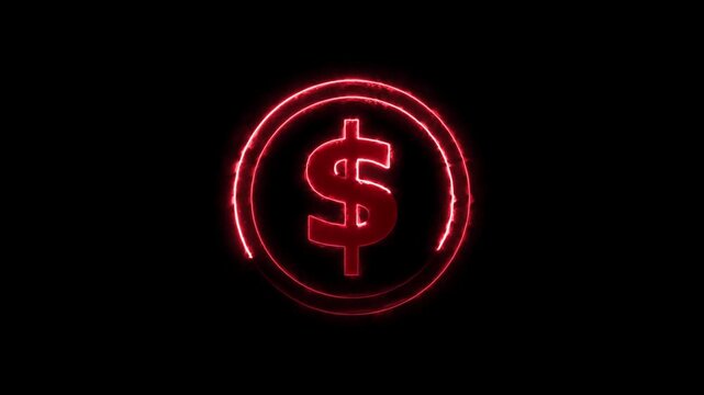 Doller icon neon glowing red color animation and red circle on black background.