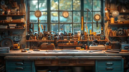 A cinematic photograph of a carpenter's workbench, precisely organized carpentry tools, soft sunlight creating a cozy atmosphere, intricate details on the tools and wooden bench,