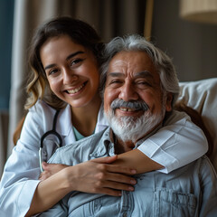 Happy beautiful young Latin doctor woman embracing senior Indian patient man, touching mans shoulders with care, support, looking at camera, smiling, posing for portrait in hospital office -