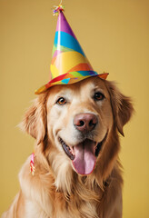 Happy golden retriever dog wearing a party hat celebrating at a birthday party