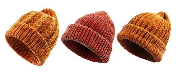 Knit beanie hats isolated on transparent background