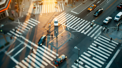 Naklejka premium Top-down view of a bustling intersection, traffic patterns, city life. Generative AI illustration 