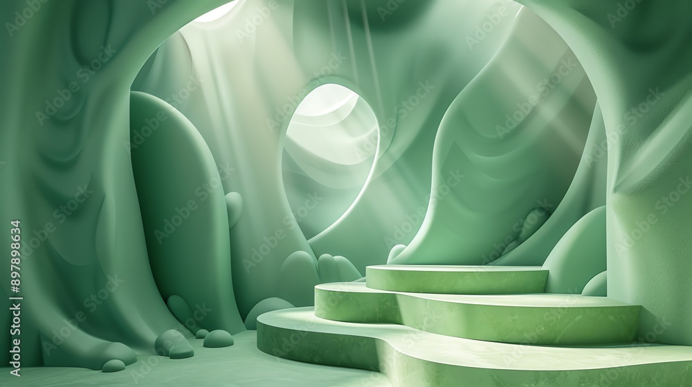 Poster abstract green cave with light rays and podium.