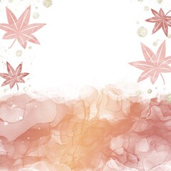 紅葉の葉と金色グリッターのあるアルコールインクアート。白背景の下半分に赤い波がある正方形バナー
