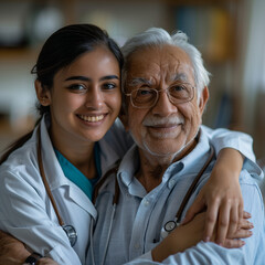 Happy beautiful young Latin doctor woman embracing senior Indian patient man, touching mans shoulders with care, support, looking at camera, smiling, posing for portrait in hospital office -